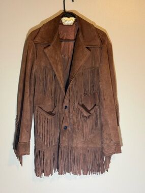 Vtg 70s Suede Leather VAZQUEZ Mexico Western 42 Fringe Jacket Coat Brown Hippie